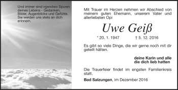 Traueranzeige von Uwe Geiß von Südthüringer Presse