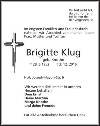 Traueranzeige von Brigitte Klug von Frankenpost