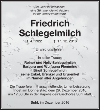 Traueranzeige von Friedrich Schlegelmilch von Südthüringer Presse