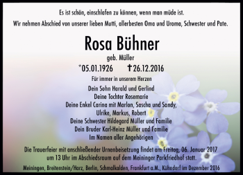 Traueranzeige von Rosa Bühner von Südthüringer Presse