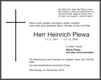 Traueranzeige von Heinrich Plewa von Frankenpost