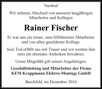 Traueranzeige von Rainer Fischer von Südthüringer Presse