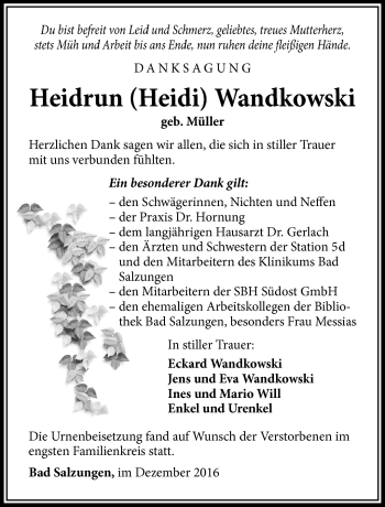 Traueranzeige von Heidrun Wandkowski von Südthüringer Presse