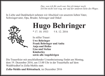Traueranzeige von Hugo Behringer von Südthüringer Presse