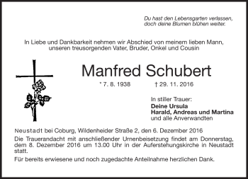 Traueranzeige von Manfred Schubert von Neue Presse Coburg