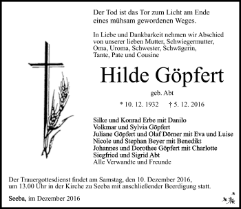 Traueranzeige von Hilde Göpfert von Südthüringer Presse