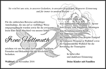 Traueranzeige von Irene Hellmuth von Südthüringer Presse