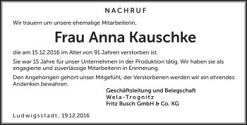 Traueranzeige von Anna Kauschke von Neue Presse Coburg