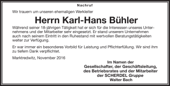 Traueranzeige von Karl-Hans Bühler von Frankenpost