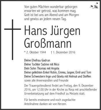 Traueranzeige von Hans Jürgen Großmann von Südthüringer Presse