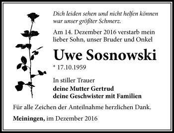 Traueranzeige von Uwe Sosnowski von Südthüringer Presse