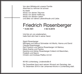 Traueranzeige von Friedrich Rosenberger von Frankenpost