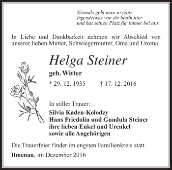 Traueranzeige von Helga Steiner von Südthüringer Presse
