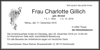 Traueranzeige von Charlotte Gillich von Frankenpost