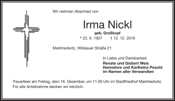 Traueranzeige von Irma Nickl von Frankenpost