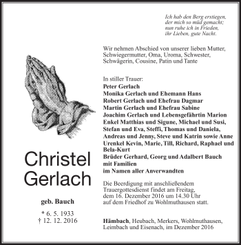 Traueranzeige von Christel Gerlach von Südthüringer Presse