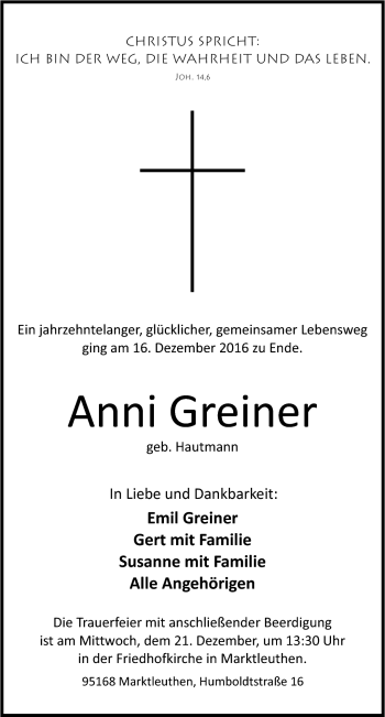 Traueranzeige von Greiner Anni von Frankenpost