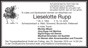 Traueranzeige von Lieselotte Rupp von Frankenpost
