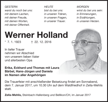 Traueranzeige von Werner Holland von Südthüringer Presse