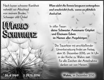 Traueranzeige von Mario Schmunz von Südthüringer Presse