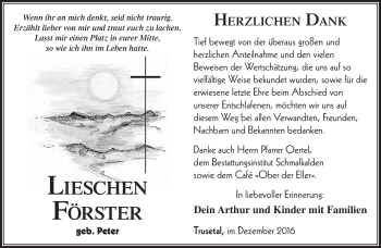 Traueranzeige von Lischen Förster von Südthüringer Presse