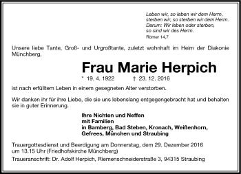 Traueranzeige von Marie Herpich von Frankenpost