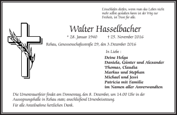 Traueranzeige von Walter Hasselbacher von Frankenpost