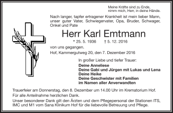 Traueranzeige von Karl Emtmann von Frankenpost