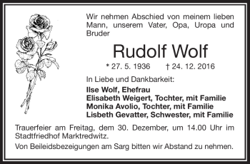 Traueranzeige von Rudolf Wolf von Frankenpost