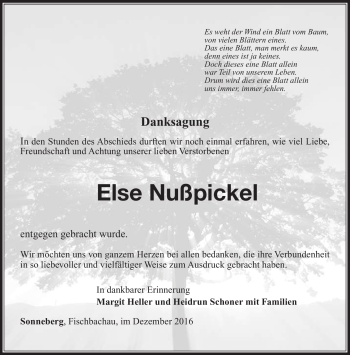 Traueranzeige von Else Nußpickel von Südthüringer Presse