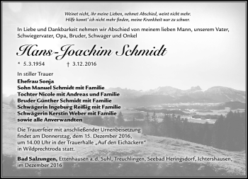 Traueranzeige von Hans-Joachim Schmidt von Südthüringer Presse