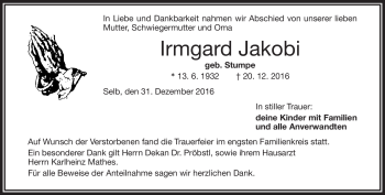 Traueranzeige von Irmgard Jakobi von Frankenpost