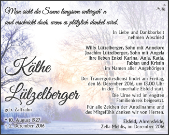 Traueranzeige von Käthe Lützelberger von Südthüringer Presse