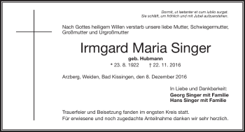 Traueranzeige von Irmgard Maria Singer von Frankenpost