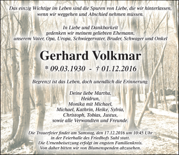 Traueranzeige von Gerhard Volkmar von Südthüringer Presse