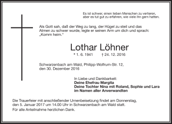 Traueranzeige von Lothar Löhner von Frankenpost