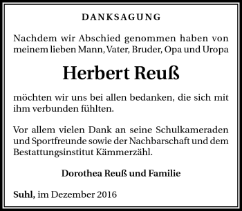 Traueranzeige von Herbert Reuß von Südthüringer Presse