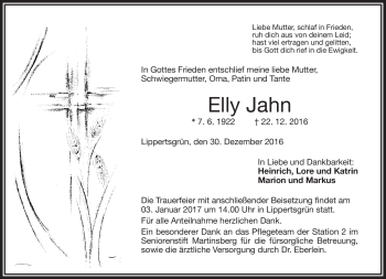 Traueranzeige von Elly Jahn von Frankenpost