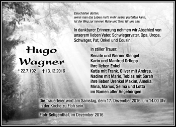 Traueranzeige von Hugo Wagner von Südthüringer Presse