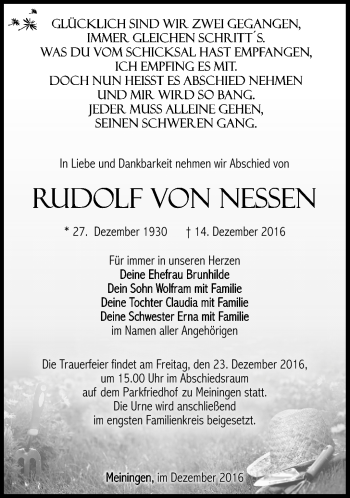Traueranzeige von Rudolf von Nessen von Südthüringer Presse