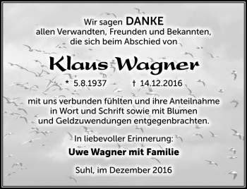 Traueranzeige von Klaus Wagner von Südthüringer Presse