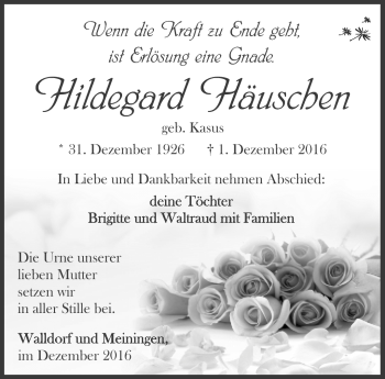 Traueranzeige von Hildegard Häuschen von Südthüringer Presse