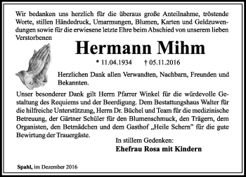 Traueranzeige von Hermann Mihm von Südthüringer Presse