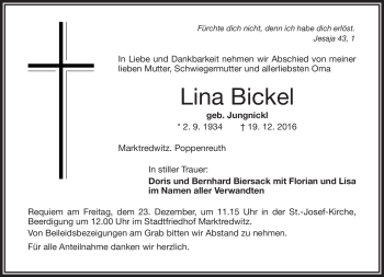 Traueranzeige von Lina Bickel von Frankenpost