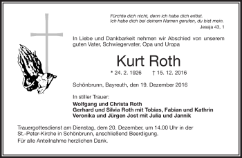 Traueranzeige von Kurt Roth von Frankenpost