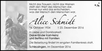Traueranzeige von Alice Schmidt von Südthüringer Presse
