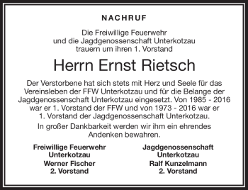 Traueranzeige von Ernst Rietsch von Frankenpost