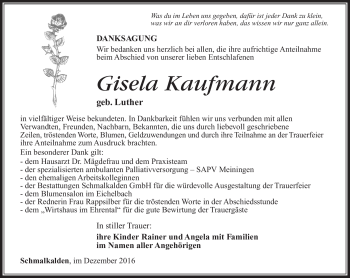 Traueranzeige von Gisela Kaufmann von Südthüringer Presse