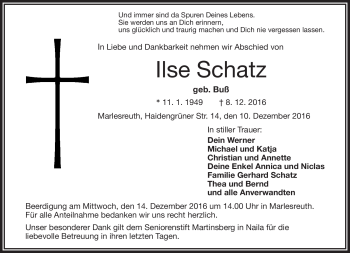 Traueranzeige von Ilse Schatz von Frankenpost
