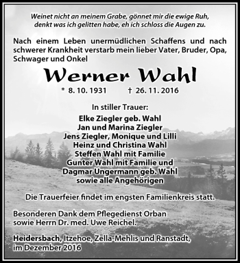 Traueranzeige von Werner wahl von Südthüringer Presse